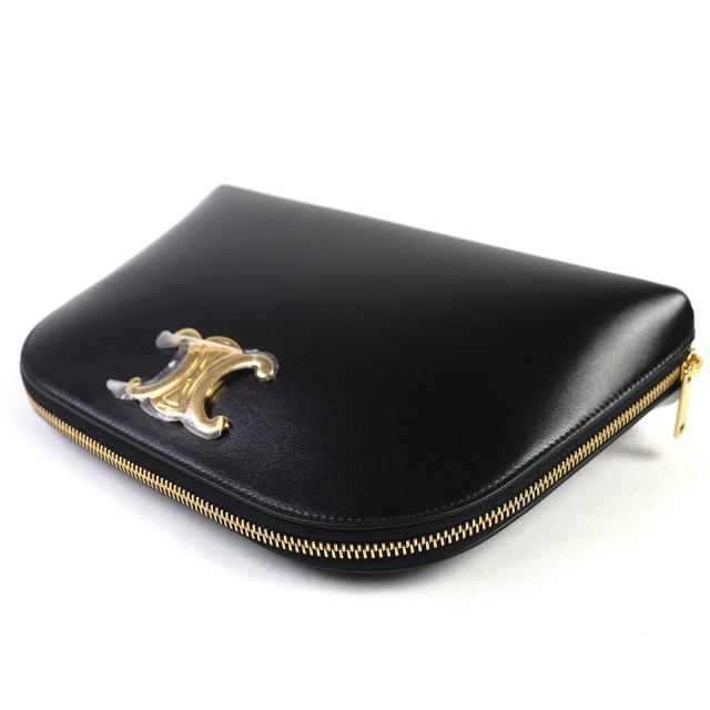 未使用品△CELINE セリーヌ 10N073GEZ カーフスキン トリオンフ ラウンドファスナー ポーチ ブラック ゴールド金具 保存袋付 レディース_3