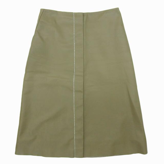 極美品▲MARNI マルニ GOMX0049UYL カットオフ ステッチデザイン カーフレザー ひざ丈 スカート カーキ 38 イタリア製 正規品 レディース