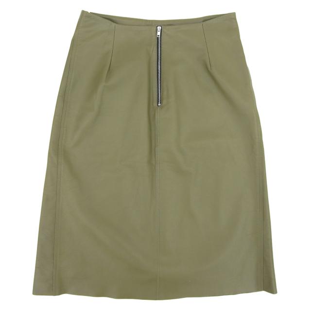 極美品▲MARNI マルニ GOMX0049UYL カットオフ ステッチデザイン カーフレザー ひざ丈 スカート カーキ 38 イタリア製 正規品 レディース_1
