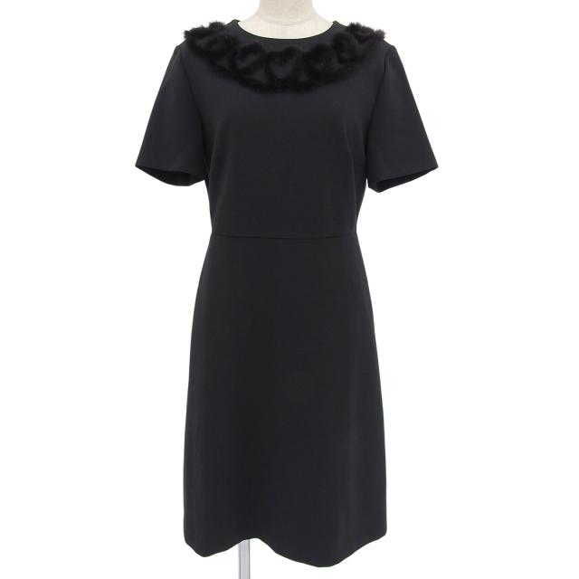 美品▲FENDI フェンディ FD9803 ミンクトリム ハートデザイン 半袖 ワンピース ブラック 42 イタリア製 正規品 レディース