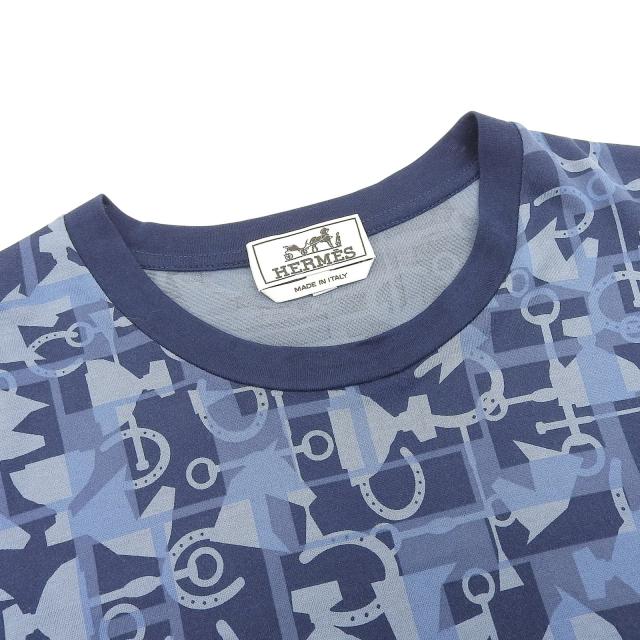 極美品▲HERMES エルメス コットン100％ 馬 ホース 総柄 ショースリーブ 半袖Ｔシャツ ネイビー系 L イタリア製 正規品 メンズ_2