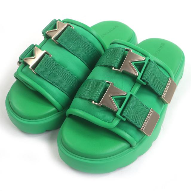 未使用品□BOTTEGAVENETA ボッテガヴェネタ 690034 Flash 一部レザー ダブルベルト スライドサンダル シャワーサンダル グリーン 41 伊製