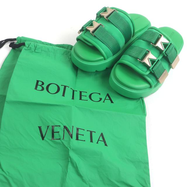 未使用品□BOTTEGAVENETA ボッテガヴェネタ 690034 Flash 一部レザー ダブルベルト スライドサンダル シャワーサンダル グリーン 41 伊製_1