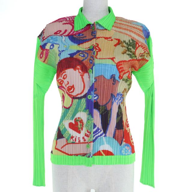 美品☆PLEATS PLEASE プリーツプリーズ イッセイミヤケ PP12-JJ221 総柄デザイン 長袖シャツ マルチカラー 3 日本製 正規品 レディース