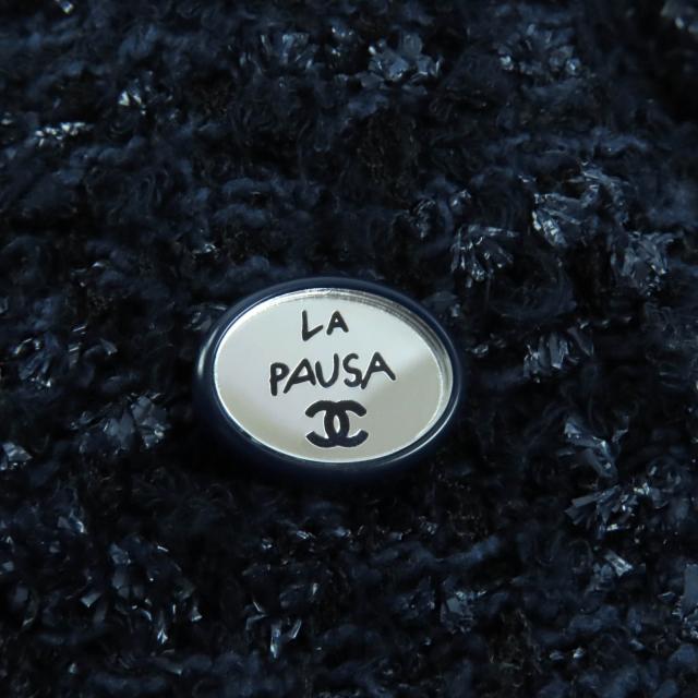 極美品★CHANEL シャネル P60275 裏地シルク100％ LAPAUSA ココマークプレート付 台形 ツイードスカート ネイビー 34 仏製 レディース_5