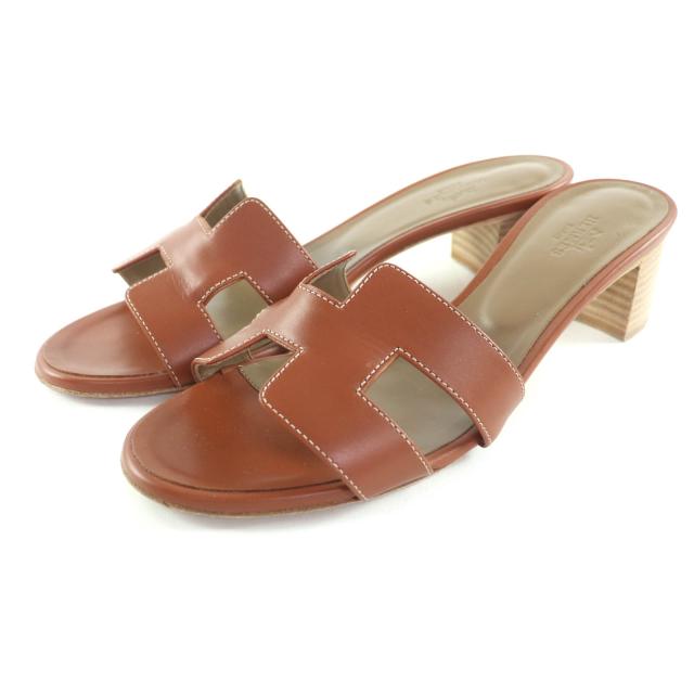 美品★HERMES エルメス オアジス ゴールド Hデザイン チャンキーヒール レザー サンダル 38 箱・保存袋付き イタリア製 レディース