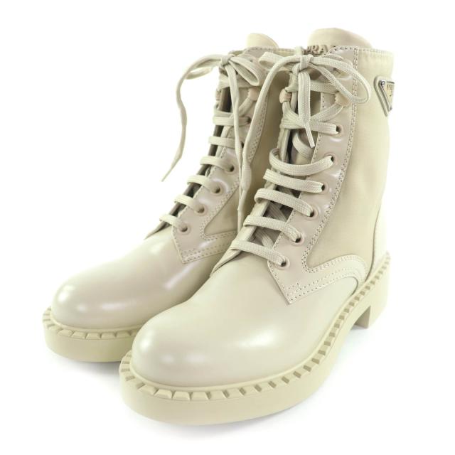 極美品★PRADA プラダ 1T782M Re-Nylon トライアングルプレート ブラッシュドレザー ショートブーツ ベージュ 37 箱・保存袋付き 伊製
