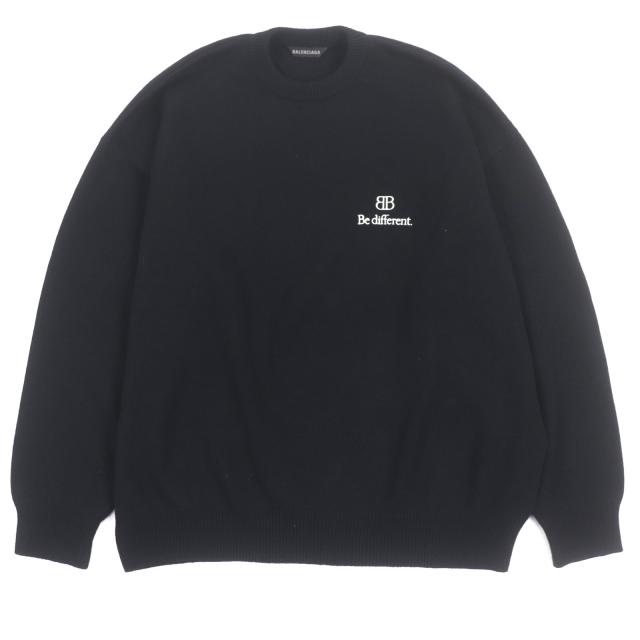 未使用品▼BALENCIAGA バレンシアガ 22AW 719658 カシミヤ100% Bedifferent 刺繍 クルーネック ニットセーター ブラック M 正規品 メンズ