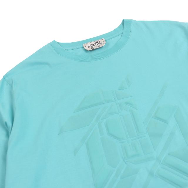 極美品□HERMES エルメス シュヴォー・アン・シンメトリー コットン100％ カットソー 半袖Ｔシャツ ライトブルー XL イタリア製　メンズ_1