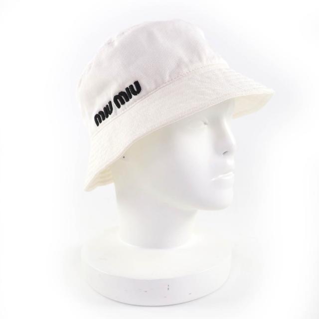 美品☆MIUMIU ミュウミュウ 5HC196 コットン100％ ロゴ刺繍 バケットハット 帽子 ホワイト M イタリア製 正規品 レディース