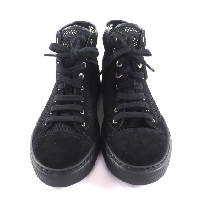 極美品★CHANEL シャネル G30786 ココマーク スウェードレザー使い メッシュ ハイカットスニーカー ブラック 36 イタリア製 レディース_2