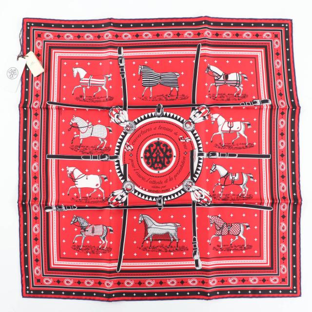 未使用品☆HERMES エルメス カレ55 Couvertures et Tenues de Jour 馬着 シルク100％ ROUGE/NOIR/BLANC スカーフ 箱付き フランス製