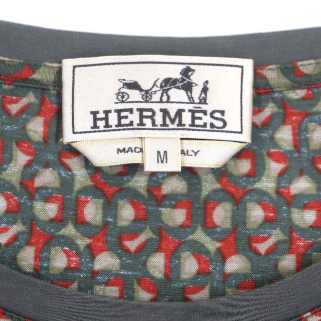 極美品▼HERMES エルメス コットン シェーヌダンクル柄 クルーネック ショートスリーブ 半袖Ｔシャツ カーキ M イタリア製 正規品 メンズ_3