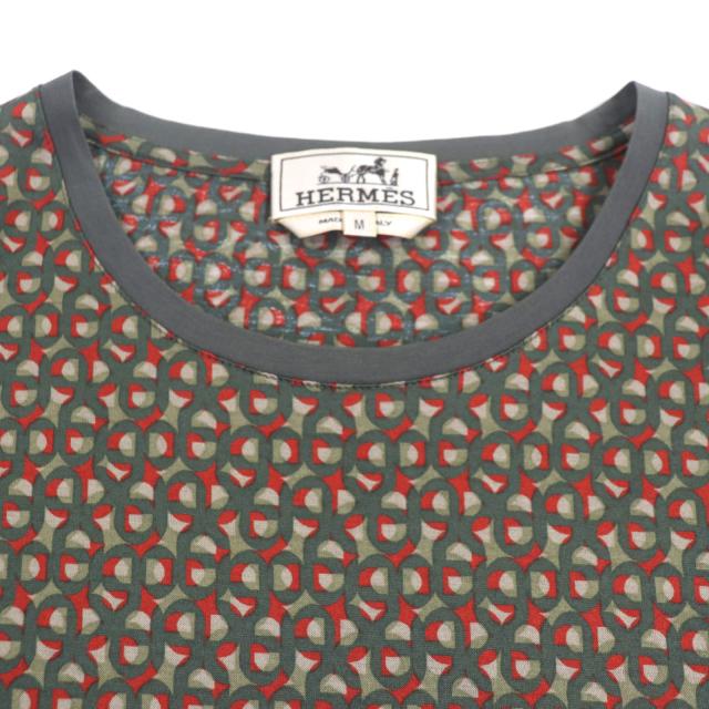 極美品▼HERMES エルメス コットン シェーヌダンクル柄 クルーネック ショートスリーブ 半袖Ｔシャツ カーキ M イタリア製 正規品 メンズ_1