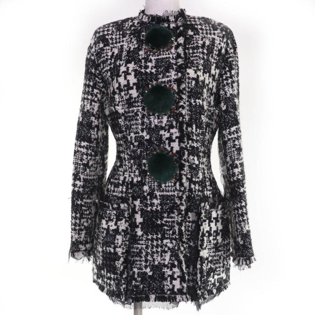 極美品☆DOLCE&GABBANA ドルチェ＆ガッバーナ F28JNZ ビジュー付 ノーカラー ツイードコート ブラック系 38 伊製 正規品 レディース