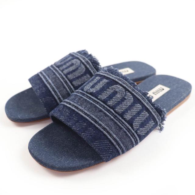 極美品☆MIUMIU ミュウミュウ 5XX554 ロゴ デニム ミュール スライド サンダル インディゴブルー 36.5 イタリア製 レディース