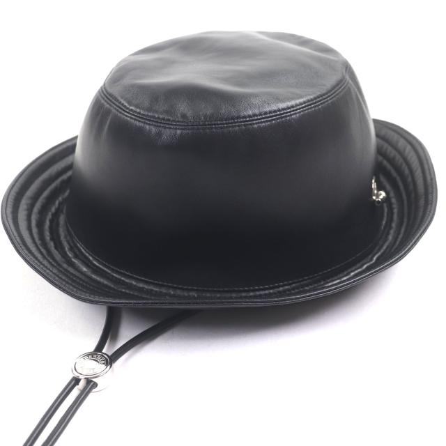 極美品▼HERMES エルメス 羊革 ラムレザー 裏地カシミヤ100% シルバー金具 グレナン 帽子 バケットハット ブラック 59 正規品 メンズ