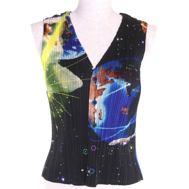 極美品◇PLEATS PLEASE×横尾忠則 プリーツプリーズ イッセイミヤケ PP02-JE101 ミレニアムクリシュナ 宇宙柄 ベスト 3 日本製 正規品