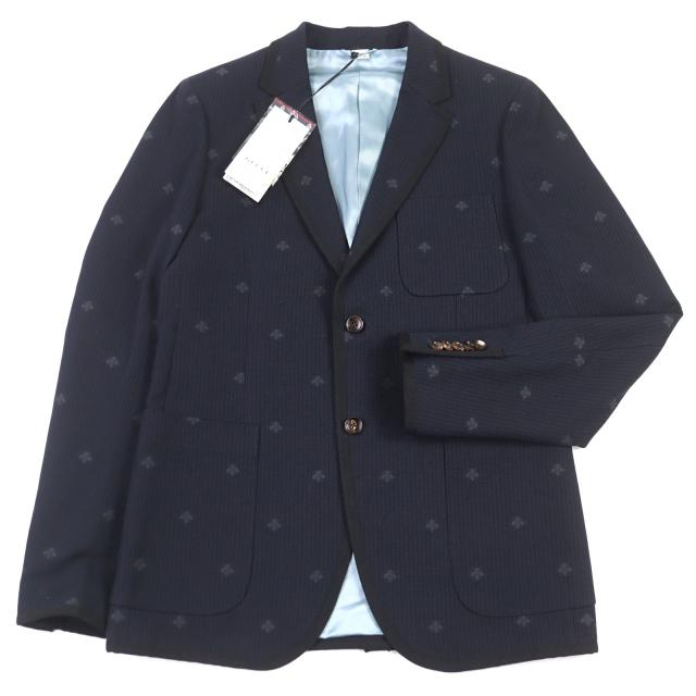 未使用品○GUCCI グッチ 521888 BEE刺繍総柄 ロゴボタン パイピング シングル テーラードジャケット ネイビー系 48 伊製 正規品 メンズ