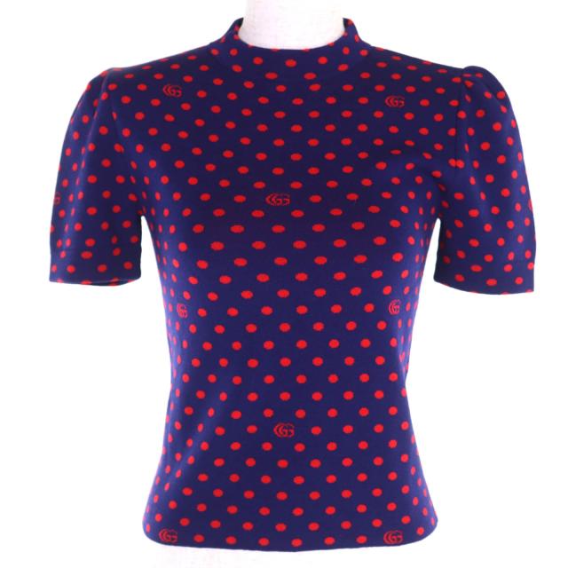 極美品◇GUCCI グッチ 623606 ウール100％ ダブルG ドット柄 クルーネック 半袖ニット ネイビー レッド XS 伊製 正規品 レディース