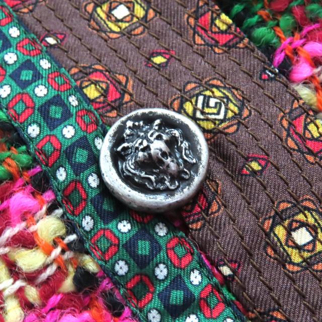 極美品△GUCCI グッチ 596980 一部シルク100％ ライオンボタン 総柄 ウールツイード ロングスカート マルチカラー 36 イタリア製 正規品_4