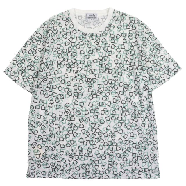 極美品▼HERMES エルメス ETRIERS コットン100% ビット 総柄 クルーネック ショートスリーブ 半袖Ｔシャツ グリーン系 XXL 正規品