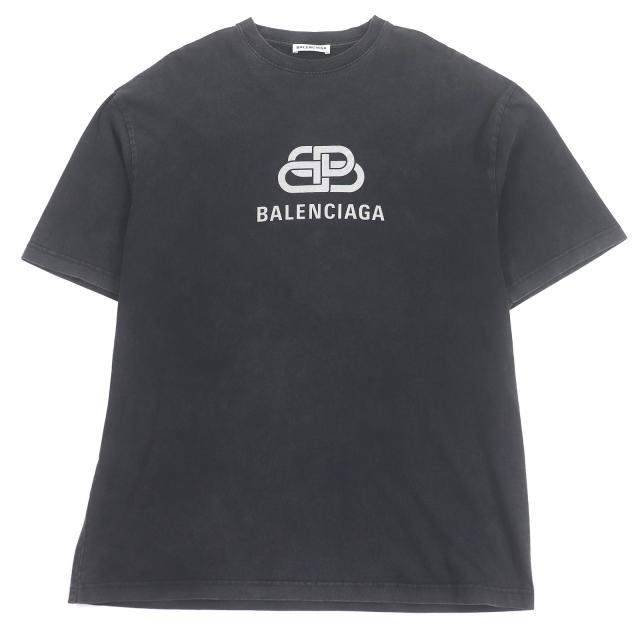 美品□BALENCIAGA バレンシアガ 571205 BBロゴプリント USED加工 オーバーサイズ 半袖Ｔシャツ カットソー ブラック XS 正規品 メンズ