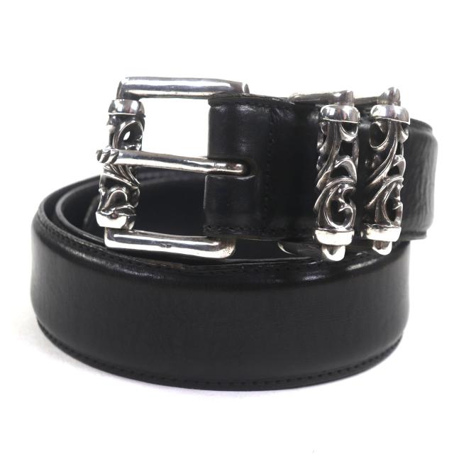 良品▼CHROME HEARTS クロムハーツ 3PCローラー 925 ピンバックル レザーベルト ブラック シルバー金具 34 保存袋付き メンズ