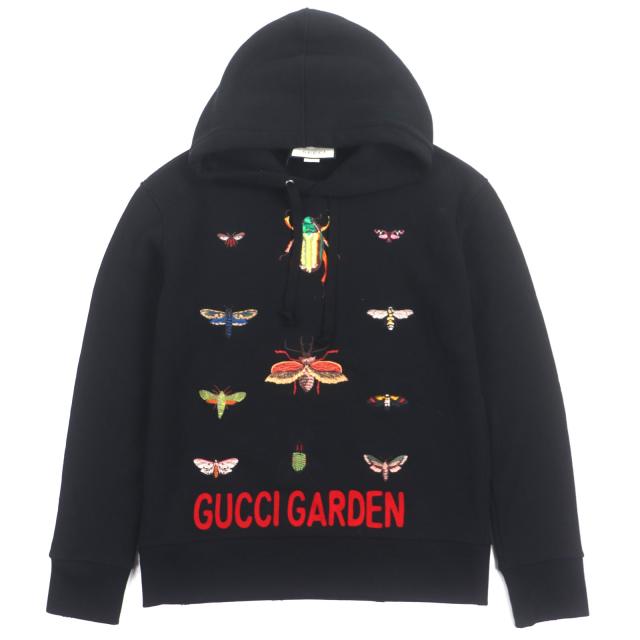 極美品▼GUCCI グッチ 475374 コットン100% USED加工 昆虫刺繍 プルオーバー パーカー ブラック S イタリア製 正規品 メンズ