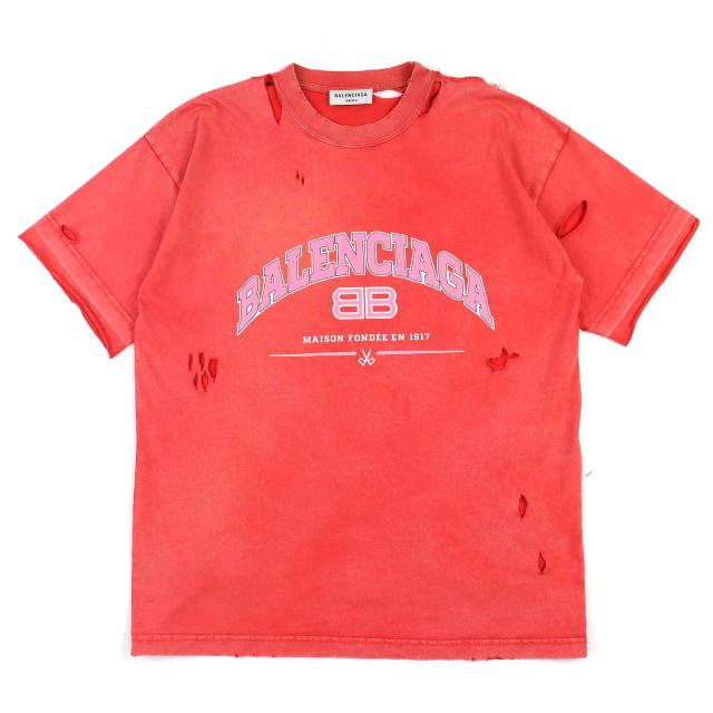 美品△BALENCIAGA バレンシアガ 612965 コットン100% デストロイ ダメージ加工 クルーネック 半袖Ｔシャツ レッド系 S 正規品 メンズ