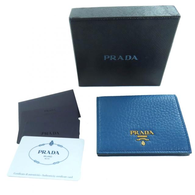 未使用品◇PRADA プラダ 1MV204 VITELLO GRAIN レタリングロゴ レザー コンパクトウォレット 二つ折り財布 コバルト 箱付き 定価106700円_1