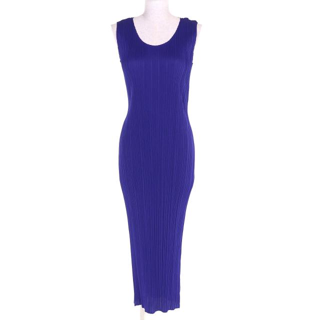 極美品△PLEATS PLEASE プリーツプリーズ イッセイミヤケ PP93-JH047 マキシ丈 ノースリーブ ワンピース ブルー 2 正規品 レディース