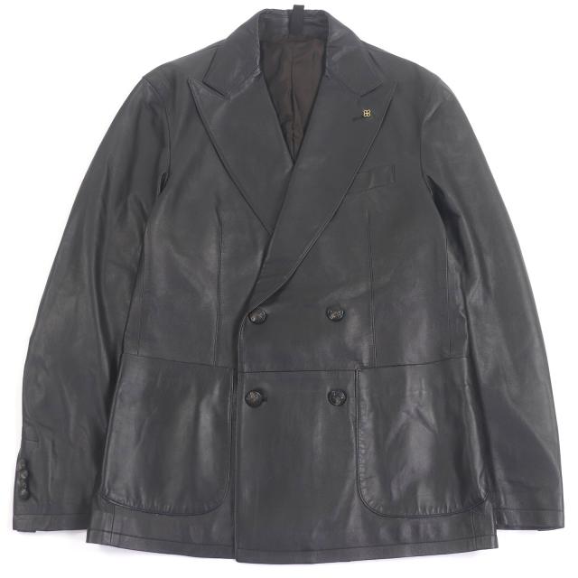 極美品□TAGLIATORE タリアトーレ PIERL ラムレザー ブートニエール ピークドラペル テーラードジャケット 黒 48 イタリア製 メンズ