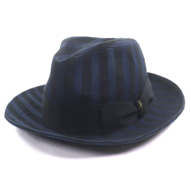 美品▼Borsalino ボルサリーノ ストライプ柄 ロゴ入りリボン 中折れ帽子 ハット ネイビー ブラック 57 イタリア製 正規品 メンズ