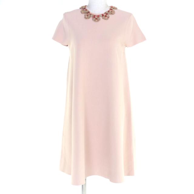 美品◇VALENTINO ヴァレンティノ IB0KD01C1UQ フラワービジュー付き ひざ丈 レーヨン ワンピース ピンク M イタリア製 正規品 レディース