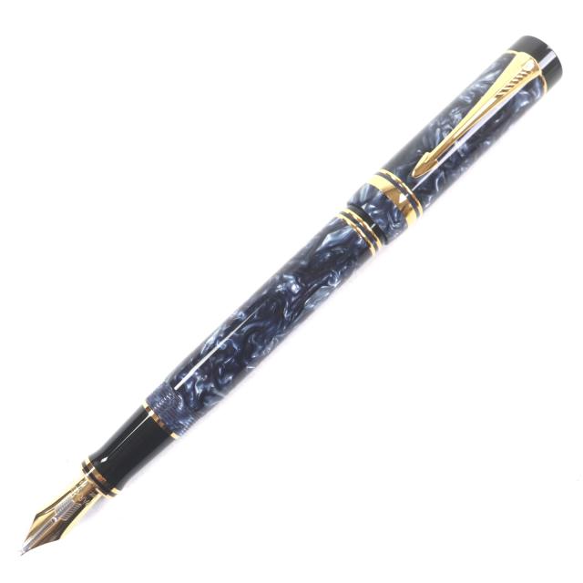 極美品▼PARKER パーカー デュオフォールド センテニアル ペン先18K BBニブ 希少 万年筆 マーブルブルー ケース付き UK製 メンズ