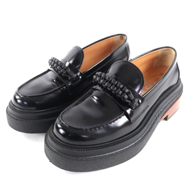美品◇TOD’S トッズ 編み込みデザイン ウッドヒール レザーローファー モカシン シューズ ブラック 35.5 箱付き イタリア製 レディース
