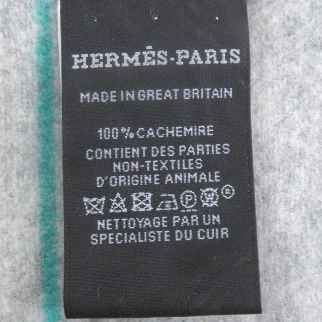 極美品□HERMES エルメス カシミヤ100％ ロゴレザーパッチ ネオロカバール ボーダー フリンジマフラー ショール ライトグレー 英国製_6