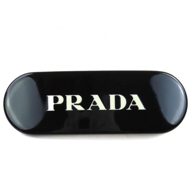 極美品△PRADA プラダ 1IF108 プラスチック ロゴ バレッタ ヘアクリップ ヘアピン ヘアアクセサリー ブラック ゴールド金具 箱付き 伊製