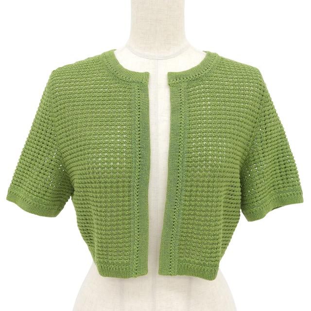 極美品▲FOXEY フォクシー 43769 リネン100％ メッシュ 半袖 カーディガン グリーン 38 日本製 正規品 レディース