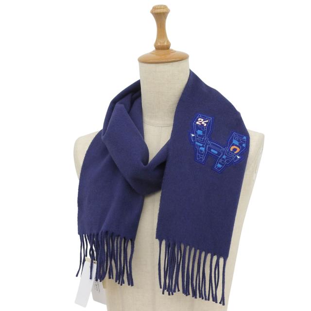 未使用品▲HERMES エルメス IMPRIME HERMES ODYSEE カシミヤ100％ Hロゴデザイン フリンジ付き マフラー ネイビー 箱付き 英国製 メンズ_1