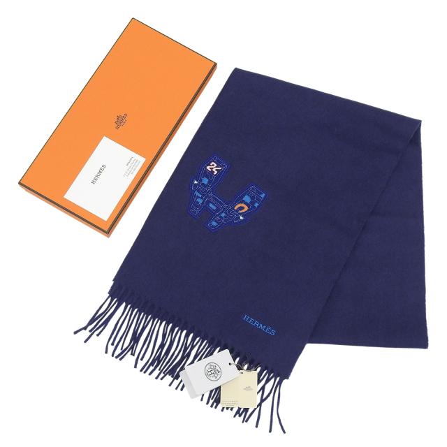 未使用品▲HERMES エルメス IMPRIME HERMES ODYSEE カシミヤ100％ Hロゴデザイン フリンジ付き マフラー ネイビー 箱付き 英国製 メンズ_2