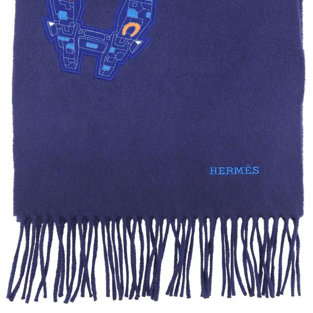 未使用品▲HERMES エルメス IMPRIME HERMES ODYSEE カシミヤ100％ Hロゴデザイン フリンジ付き マフラー ネイビー 箱付き 英国製 メンズ_3