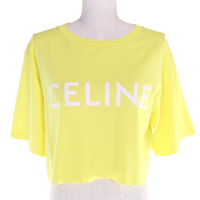 極美品△CELINE セリーヌ 2X761671Q コットン100％ ロゴプリント クルーネック クロップド 半袖Ｔシャツ イエロー S イタリア製 正規品