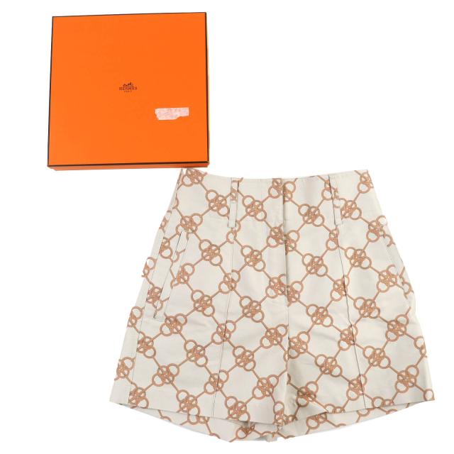 極美品△HERMES エルメス 2E0456DX コットン ビット柄デザイン ショートパンツ ベージュ ブラウン 34 イタリア製 レディース 箱付き_1