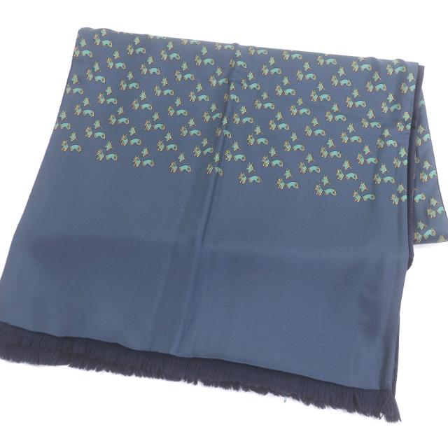 極美品□HERMES エルメス シルク アンゴラ ホース 馬具 総柄 フリンジマフラー ストール ショール ネイビー 箱付き フランス製 メンズ