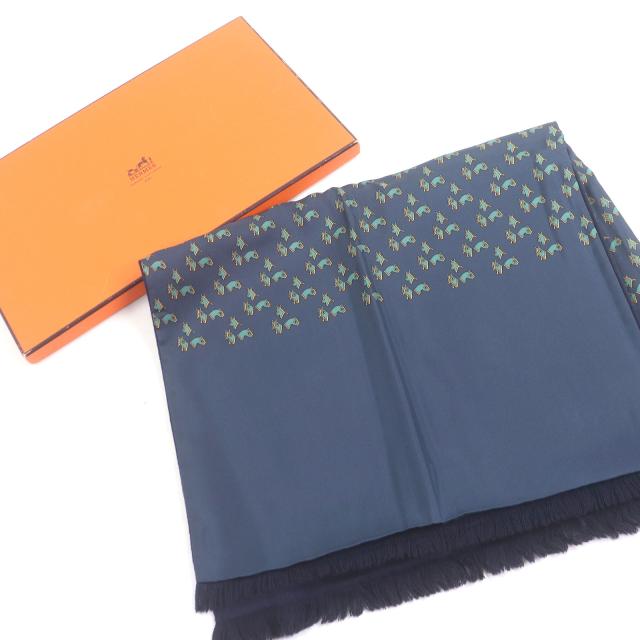 極美品□HERMES エルメス シルク アンゴラ ホース 馬具 総柄 フリンジマフラー ストール ショール ネイビー 箱付き フランス製 メンズ HERMES（エルメス） 極美品□HERMES シルク アンゴラ ホース 馬具 総柄