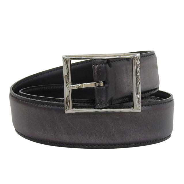 美品▲BERLUTI ベルルッティ 2021年製 ピンバックル カリグラフィー レザーベルト ブラック シルバー金具 80 32 イタリア製 メンズ