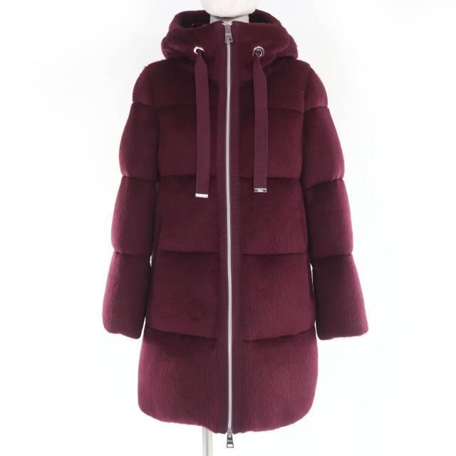 美品☆HERNO Resort ヘルノ リゾート 2020年製 PI068DR ウール フード付 ZIP UP ダウンコート ボルドー 40 ハンガー付 正規品 レディース