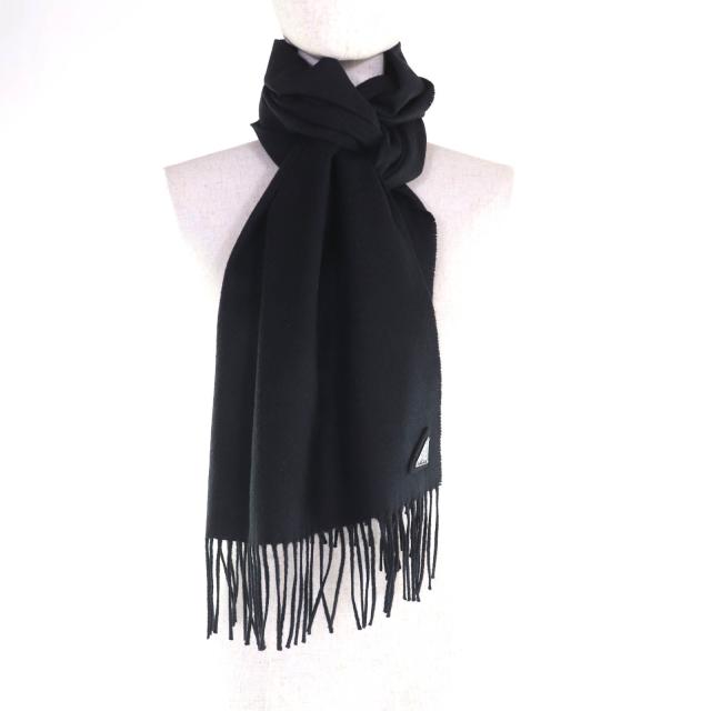 美品★PRADA プラダ 2023年製 1FS047 シルク カシミヤ混 トライアングルロゴプレート付 フリンジ マフラー 黒 1700×350mm 箱付 正規品_3